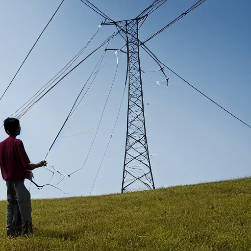 Prompt: a person on a hill flying a kite, next to a high-voltage transmission lines, in the style of filmmaker Shunji Iwai,