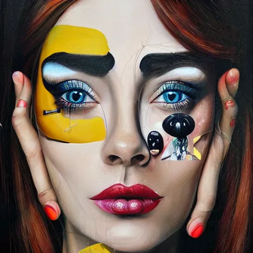 Image similar to a painting of a woman's face with many different things on her face, a surrealist painting by Sandra Chevrier, behance contest winner, pop surrealism, surrealist, detailed painting, poster art