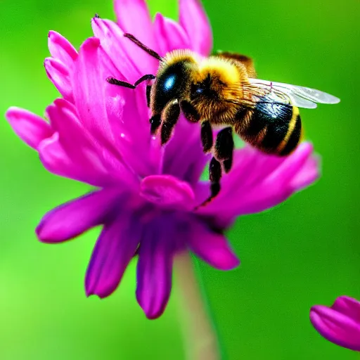 Image similar to macro photo, 4k, bee on a flower, cinematic lightning, realistic, super detailed