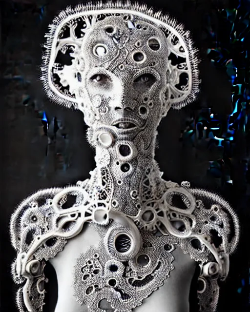 Image similar to surreal black and white photo portrait of complex bio-mechanical beautiful young female vegetal-cyborg with a Mandelbrot fractal metal fine lace face, curled silver hair, 150 mm lens, soft rim light, fine metal floral foliage super big lace collar by Alexander McQueen, high fashion, haute couture, rococo, steampunk, silver filigree details, anatomical, facial muscles, cable wires, microchip, elegant, hyper realistic, octane render, unreal engine, in the style Dora Maar, volumetric lighting, 8k,