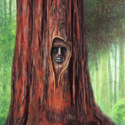 Prompt: ancient redwood tree with face made of bark on trunk detailed magical realism painting 4 k