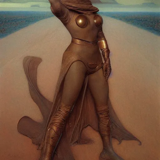 Image similar to masterpiece full body portrait of a beautiful Fremen woman on Dune, by Edgar Maxence and Ross Tran and Michael Whelan and Gustav Klimpt