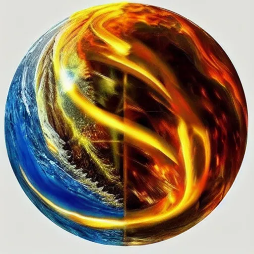 Image similar to water, fire, earth and air in one element, swirling around in a sphere, amazing detail, artstation