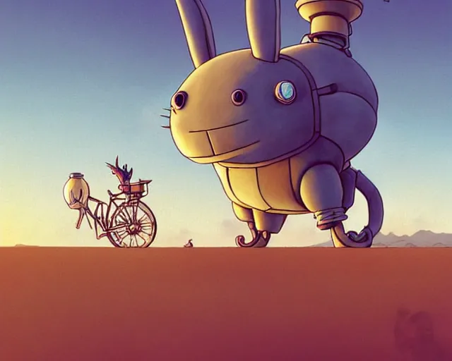 Prompt: a cell shaded cartoon giant grey lovecraftian mechanized rabbit from howl's moving castle ( 2 0 0 4 ), with a big head, on a desert road, wide shot, sunset, golden hour, muted colors, post grunge, josan gonzales, wlop, by james jean, victor ngai, hq, deviantart, art by artgem