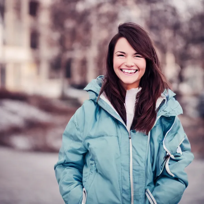 Prompt: a beautiful girl from minnesota, brunette, joyfully smiling at the camera with her eyes closed. thinner face. wearing university of minneapolis coat. perfect nose, morning hour, plane light, portrait, minneapolis as background.