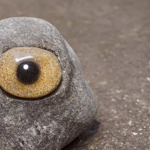 Prompt: a small rock with 2 wobbly eyes, stone, two round goggle eyes, focus, image of object