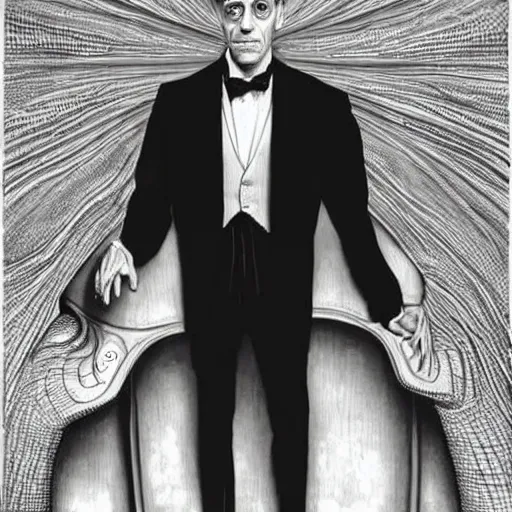 Image similar to portrait of Steve Vincent Buscemi in a tuxedo, realistic portrait, illustration by Gustave Doré