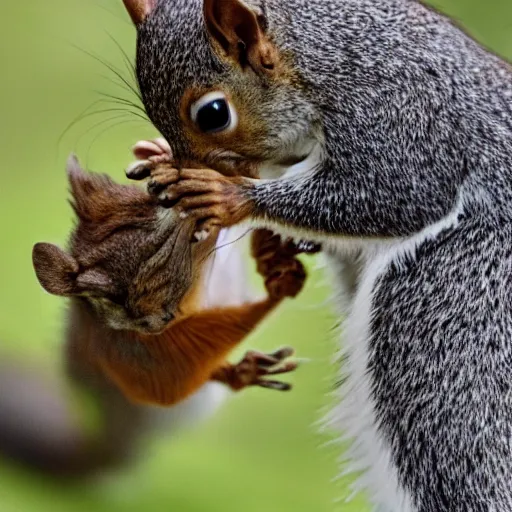 Prompt: close up of squirrel punching a blackbird, cinematographic shot,