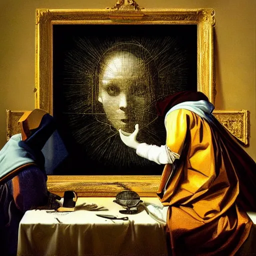 Image similar to beautiful painting of science, spatial space deformation in latent space, math art, by artgerm and dan mumford and vermeer and gustave dore