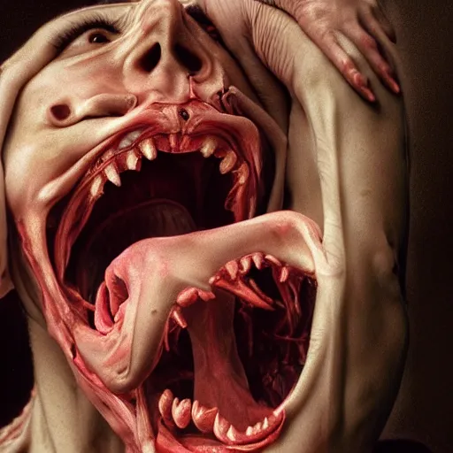 Image similar to female human screaming in pain while her skin crackles, arteries and bones and veins and nerves and muscles visible, beautiful detailed intricate insanely detailed octane render, 8K artistic photography, photorealistic, chiaroscuro, by David Cronenberg, Raphael, Caravaggio