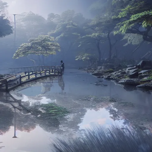 Image similar to japan, 8 k uhd, unreal engine, reflected chrome, octane render in the artstyle of greg rutkowski