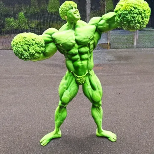 Image similar to a posing bodybuilder sculpture made entirely from broccoli, head of broccoli, broccoli that looks like a bodybuilder physique