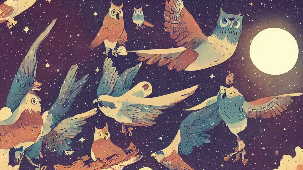 Prompt: very detailed, ilya kuvshinov, mcbess, rutkowski, watercolor papercraft illustration of owls flying at night, colorful, deep shadows, astrophotography, highly detailed