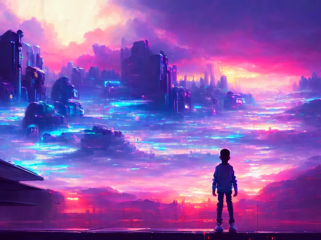 Image similar to a painting of a boy in a crystal box watching a colorful sunrise futuristic city surrounded by clouds, cyberpunk art by yoshitaka amano and alena aenami, cg society contest winner, retrofuturism, matte painting, apocalypse landscape, cityscape