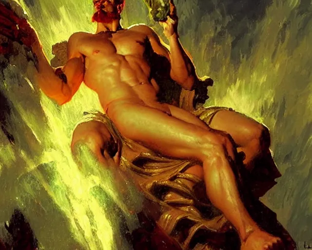 Image similar to zeus sits in judgement over all of mankind, painting by gaston bussiere, craig mullins, j. c. leyendecker