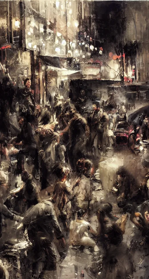 Prompt: painting of patients partying outside the dance club during a war, by Jeremy Mann and Jason Jenicke, highly detailed, stylized, loose brush strokes, intricate, realistic, exaggerated lighting, dramatic lighting, sense of scale, sense of movement, sensual