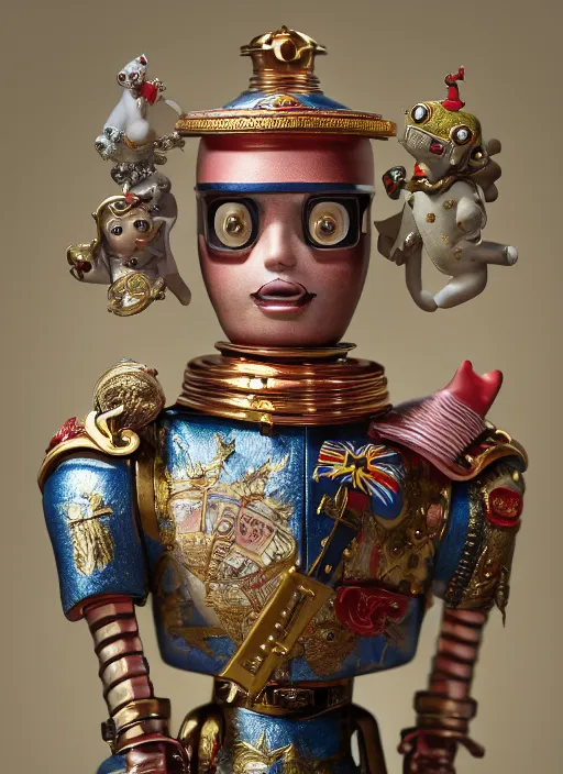 Image similar to closeup portrait of tin toy napoleon bonaparte, depth of field, zeiss lens, detailed, symmetrical, centered, fashion photoshoot, by nicoletta ceccoli, mark ryden, lostfish, earl nore, hyung tae, frank frazetta, breathtaking, 8 k resolution, extremely detailed, beautiful, establishing shot, artistic, hyperrealistic, octane render