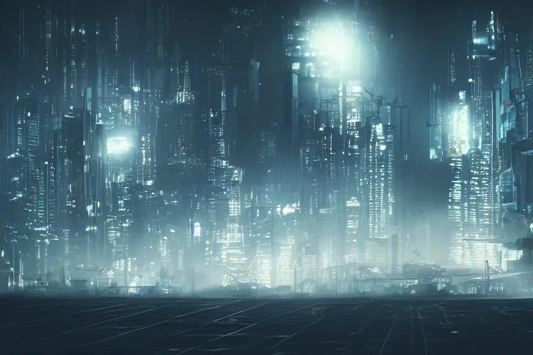 Prompt: studio photo of night landscape, cyberpunk city at background behind a fog, realistic