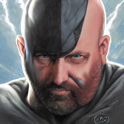 Image similar to chonky ethan van sciver with a bald head, grey trimmed beard l and a pointy nose, riding on a sad dark horse, full view, beautiful artwork by artgerm and rutkowski, breathtaking, beautifully lit, dramatic, full view