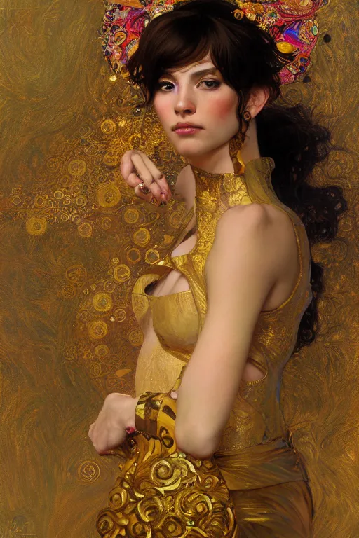 Image similar to an intricate artistic pose painting of a beautiful young muse with an artistic sensual pose with klimt golden motives and textures, hyper detailed, ornamental gold headpiece, octane render, vivid colors, artstation, by jeremy mann, by alphonse mucha, by boris vallejo