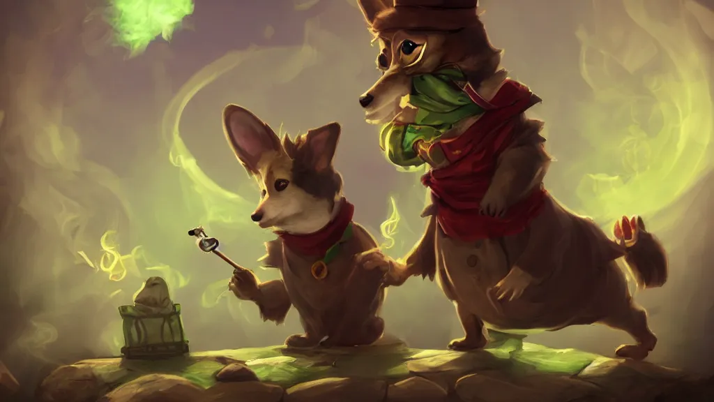 Image similar to An anthropomorphic corgi with a smoking pipe and a green scarf around his neck dressed as a wandering salesman in a fantasy setting, dreamscape, dramatic lighting, fantasy art illustration, trending on artstation, Aetherpunk