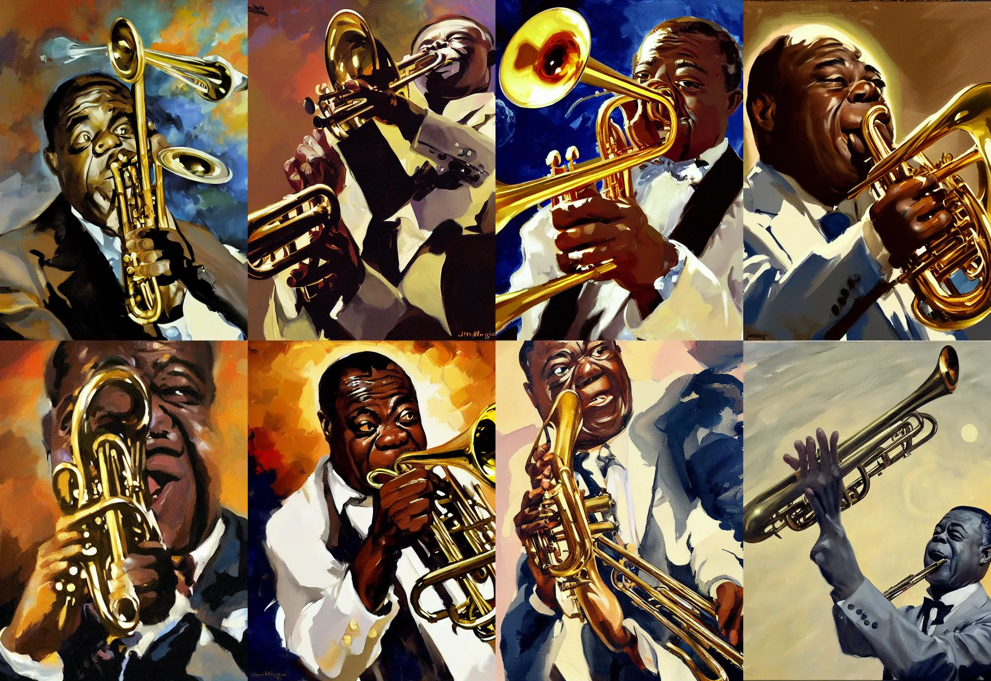 Prompt: louis armstrong playing trumpet on the moon, by greg manchess and john singer sargent and jonathan yeo, dramatic lighting, highly detailed digital painting