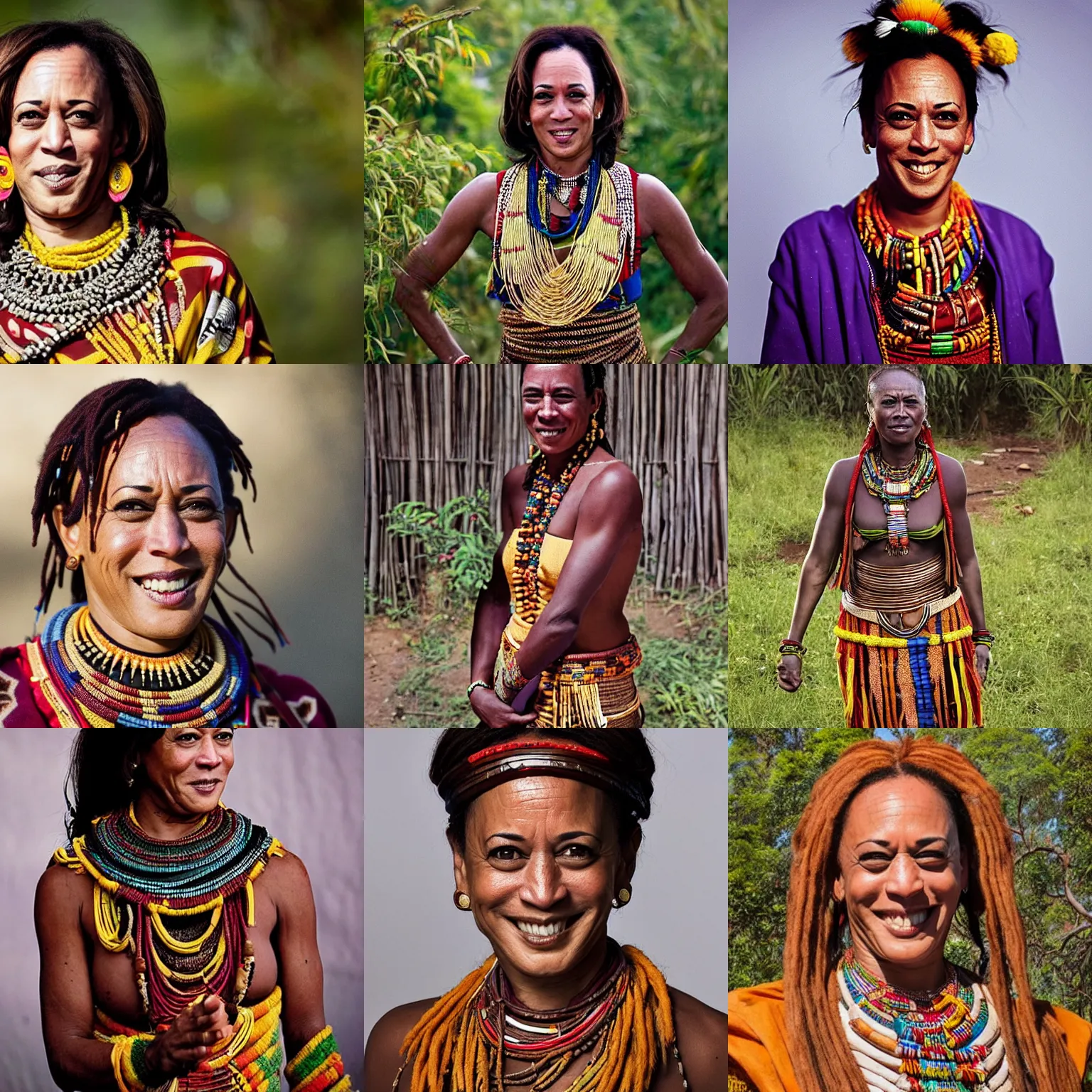 Prompt: photo of kamala harris, luo tribeswoman wearing traditional clothing, photo by national geographic