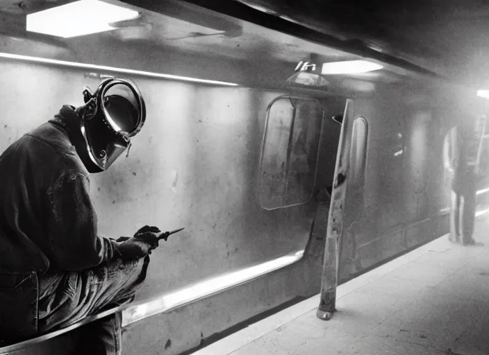 Prompt: welder in welding mask in a subway, by richard avedon, tri - x pan stock