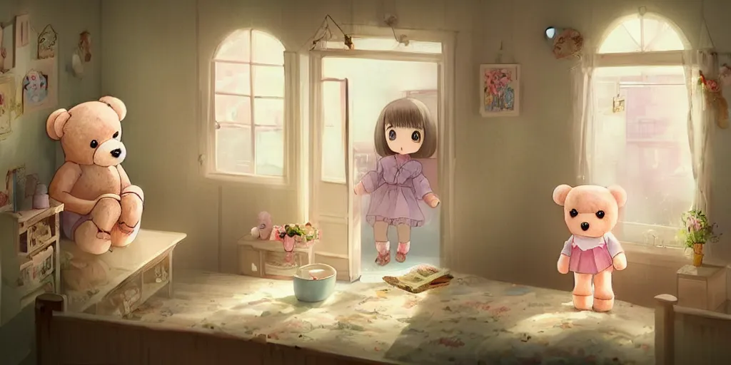 Prompt: lab to create a cute teddy bear walking out of the door of a doll house inside a girl's room, natural lighting, playful color scheme, intricate details, matte painting, illustration, by hayao miyazaki