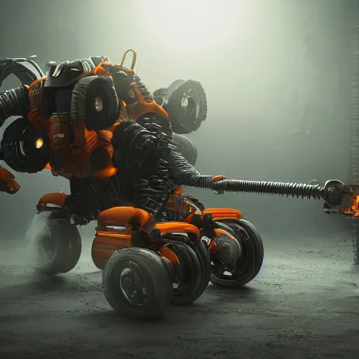 Image similar to wheelbarrow mecha, dark messy smoke - filled cluttered workshop, dark, dramatic lighting, orange tint, sparks, cinematic, highly detailed, sci - fi, futuristic, movie still