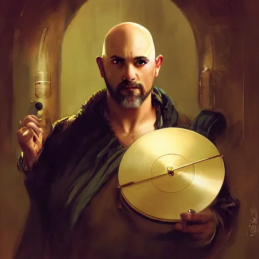 Image similar to well - groomed burly bard, thick goatee, bald, thoughtful expression, holding a gong, fantasy character portrait by greg rutkowski, gaston bussiere, craig mullins