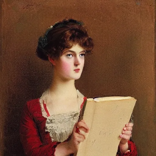 Image similar to young victorian lady in ball gown, absent - minded, holding a book, painted by alfred stevens