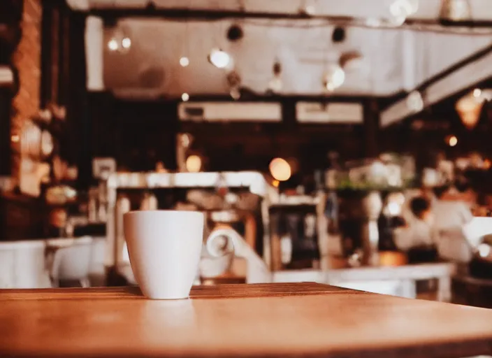 Image similar to a 3 5 mm photo of a trendy cafe in the morning, bokeh, canon 5 0 mm, cinematic lighting, film, photography, golden hour, depth of field, award - winning