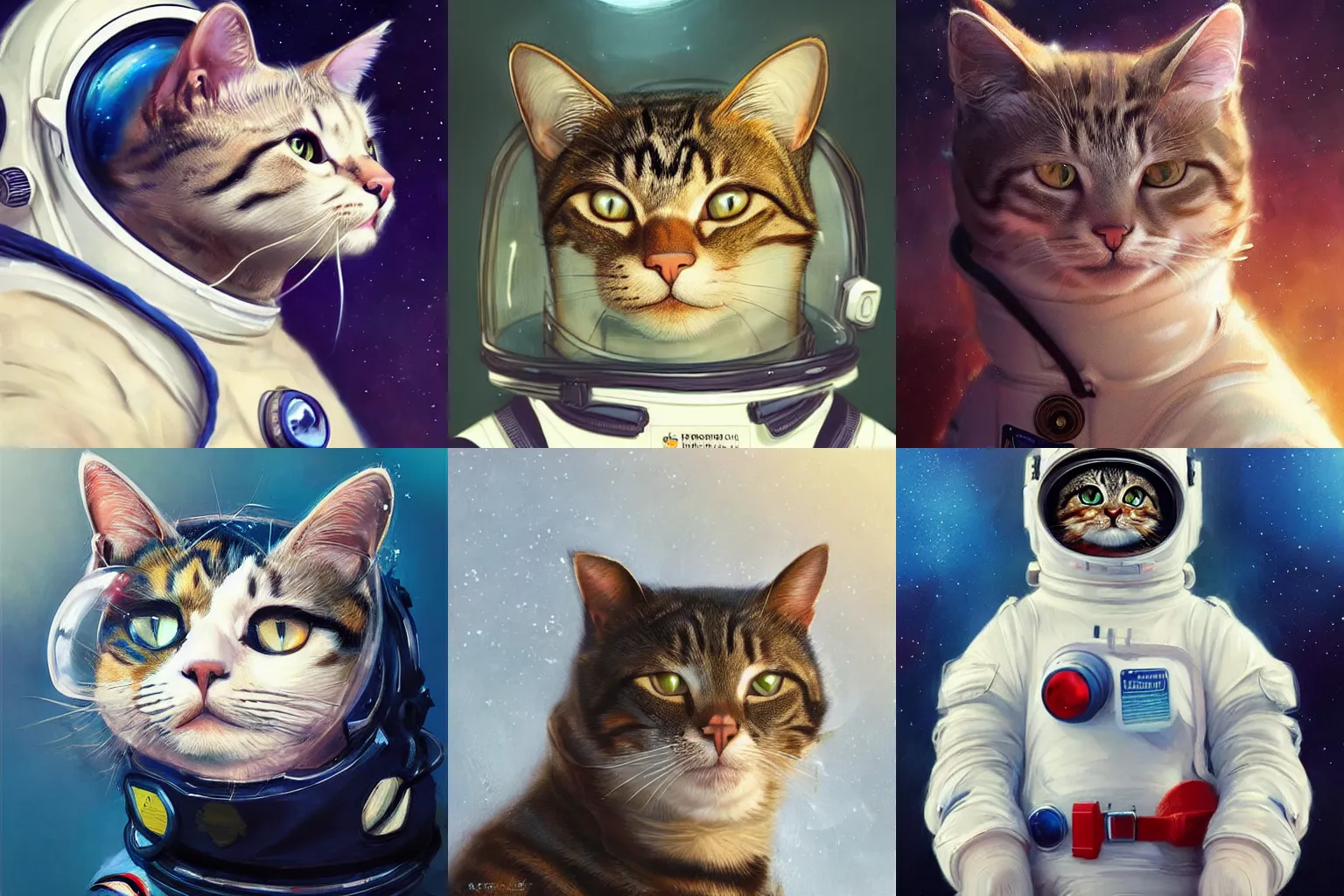 Image similar to head and shoulders masterpiece portrait of a cat wearing a spacesuit, surreal background, digital art by Krenz Cushart, trending on artstation, cgsociety,