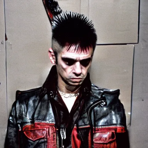 Image similar to punk rock, travis bickle has a mohawk, on a checkered floor, by francis bacon