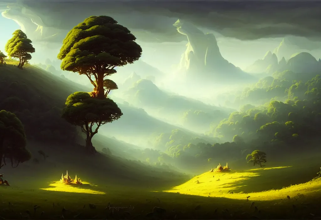 Prompt: dionisio landscape with lyra orpheus, high trees, top of the hill, above low layered clouds, deep focus, fantasy, intricate, elegant, highly detailed, digital painting, artstation, concept art, matte, sharp focus, illustration, hearthstone, art by rhads and artgerm and greg rutkowski and gediminas pranckevicius