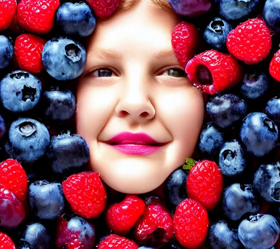 Image similar to drew barrymore face made of blueberries blackberries strawberries cranberries raspberries, closeup detailed