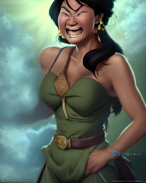 Image similar to giggling heavy - set filipina woman character portrait, by don bluth, sci - fi environment, highly detailed, dynamic shadows, 4 k, wallpaper - 1 0 2 4