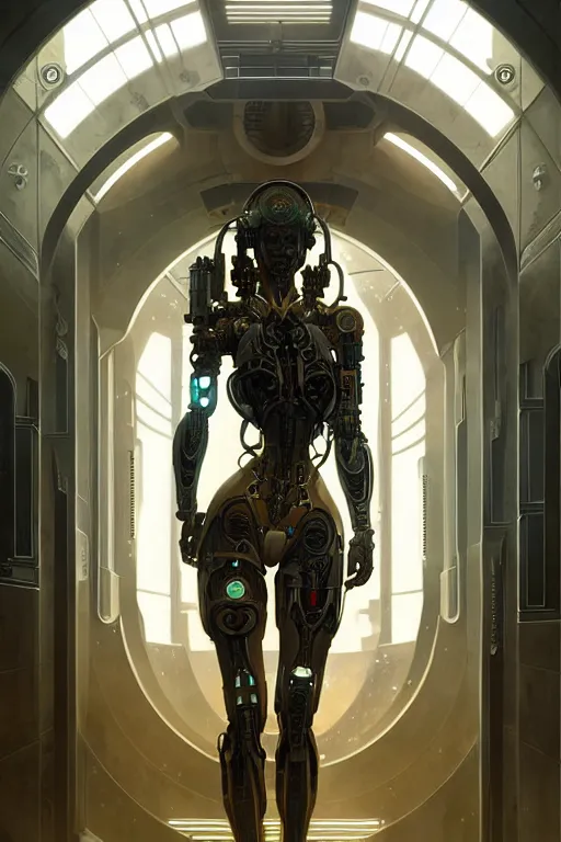 Image similar to ultra realistic, beautiful female cyborg in a utopian hallway in a space megalopolis, sci - fi, intricate details, eerie, highly detailed, octane render, 8 k, art by artgerm and alphonse mucha and greg rutkowski