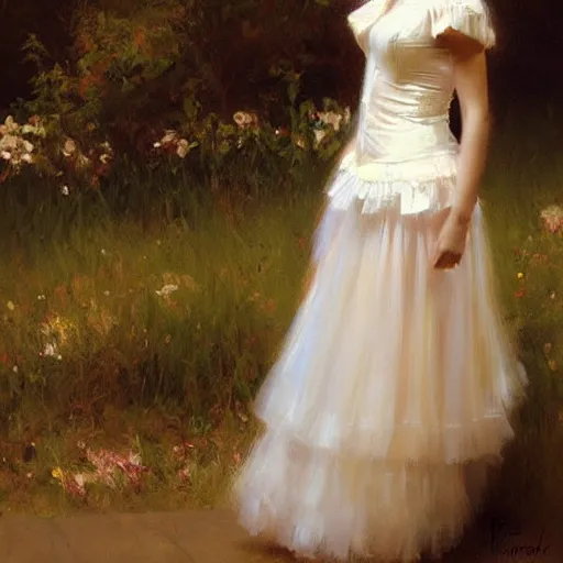 Prompt: Elegant girl with sheet music on her skirt, painted by Vicente Romero Redondo, highly detailed