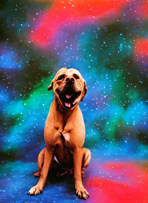 Image similar to a lumpy dog, body like a cloud, black, mutt, pitt, lab, short, fat, photorealistic leica s photograph, in outer space, kodachrome, psychedelic, platon