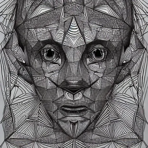 Prompt: Geometrically surreal Artificial Intelligent Faces, extremely high detail, photorealistic, intricate line drawings, dotart, album art in the style of James Jean