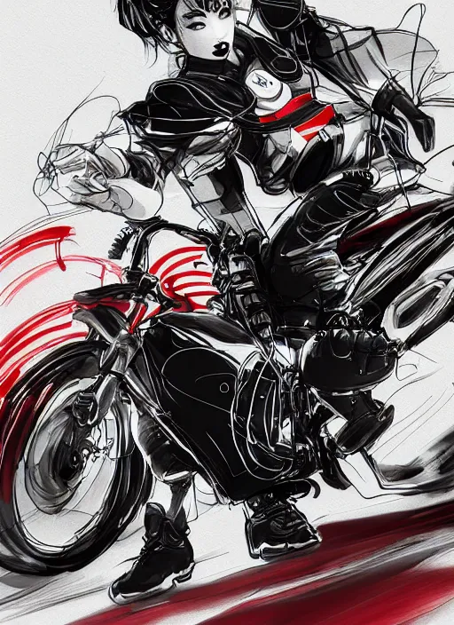 Image similar to maiko riding a motorbike, fluent composition, red white and black, concept art, ambient light, 4 k, intricate details, highly professionally detailed, cgsociety, highly detailed -