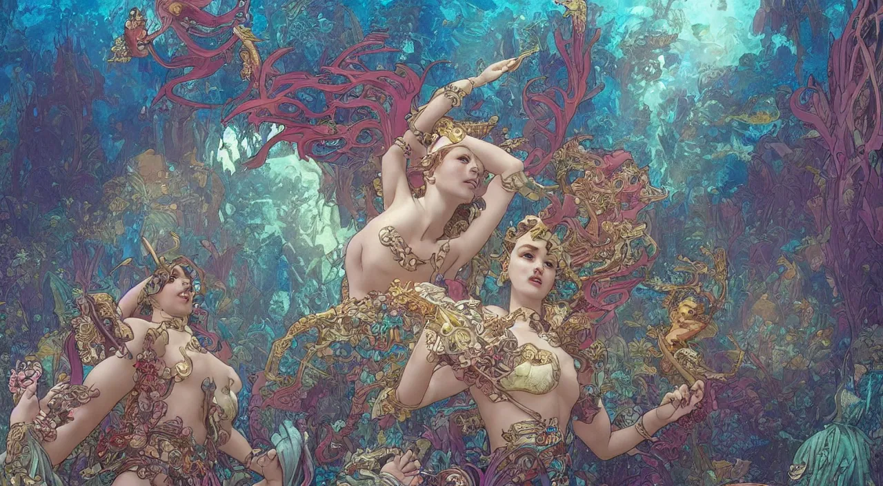 Prompt: Merfolk in the Lost City of Atlantis, very colourful, underwater, highly detailed, artstation, intricate, smooth, sharp focus, bright, happy, illustration, art by Artgerm and Greg Rutkowski and Alphonse Mucha and Yuumei, good clear quality, lighting, biology, symmetrical artwork, perfect face, 135 mm, cinematic, hyper realism, dark, moonlight, high detail, octane render, 8k, crimson highlights