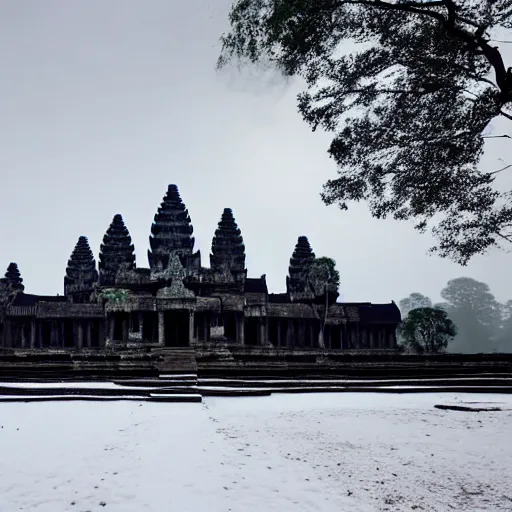 Prompt: Angkor Wat ruins covered in snow, dramatic dawn cinematic lighting, hyper photorealistic