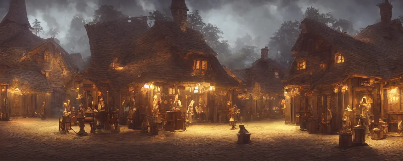 Image similar to tavern bard infront of tiny, medieval era tavern with exotic dancers, exterior, two stories, vaporwave aesthetics, 8 k uhd, unreal engine, octane render in the artstyle of finnian macmanus, john park and greg rutkowski