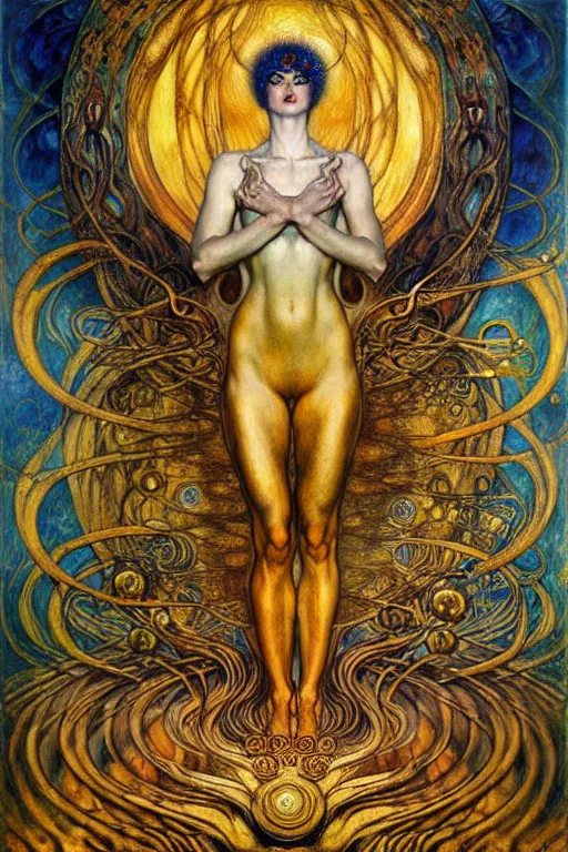 Prompt: Divine Chaos Engine by Karol Bak, Jean Delville, William Blake, Gustav Klimt, and Vincent Van Gogh, symbolist, visionary