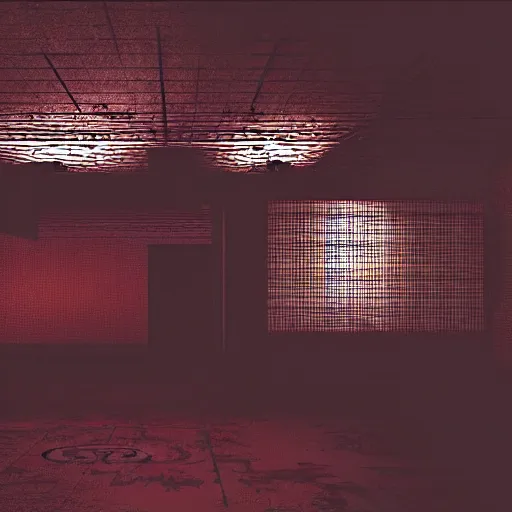 Image similar to cctv of an extremely dark empty abandoned building with glowing humanoid cryptid made out of television static, dark deep black shadows, red and black color contrast in the style of trevor henderson and james ensor goya, liminal space, 3 d octane render, glitch effect