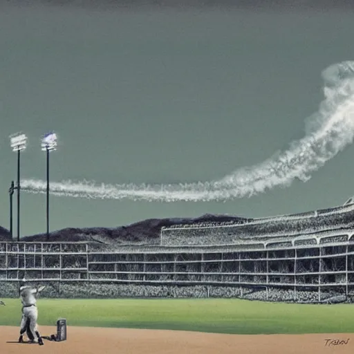 Prompt: baseball tidal wave over 1940s baseball park, concept art, by Takumi Park, surreal