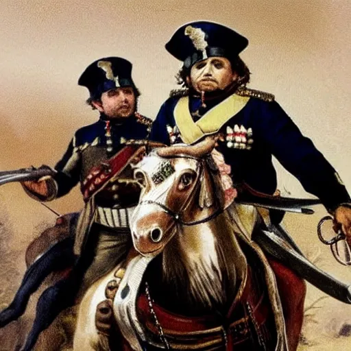 Image similar to Danny DeVito in Napoleonic officer's uniform, riding on horseback in a battlefield